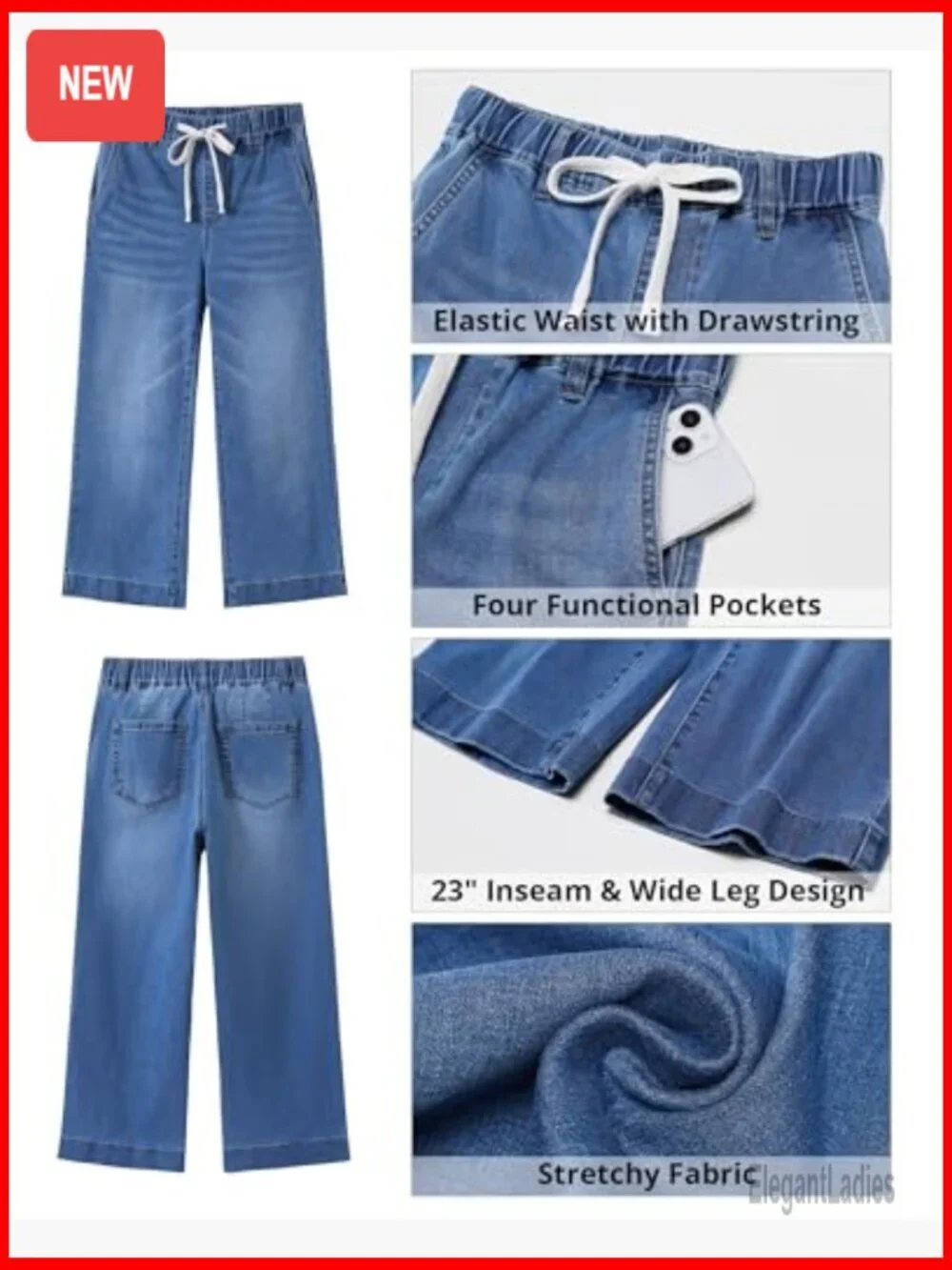 Wide Leg High Waisted Capri Jeans Pull On Elastic Waist Summer Stretch Denim